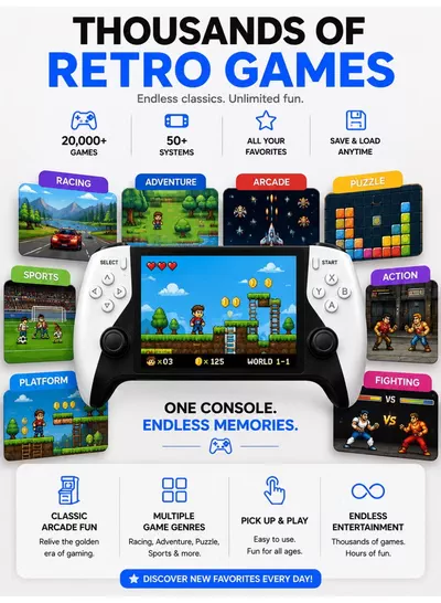 Eworld SF3500 PRO Portable Retro Game Console with 5-Inch IPS HD Display, Dual Wireless Controllers, HDMI TV Output, 64GB Game Card, Thousands of Built-in Retro Games, Rechargeable Handheld Gaming Console, Plug & Play for Kids & Adults-5
