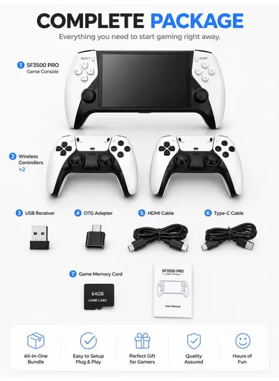 Eworld SF3500 PRO Portable Retro Game Console with 5-Inch IPS HD Display, Dual Wireless Controllers, HDMI TV Output, 64GB Game Card, Thousands of Built-in Retro Games, Rechargeable Handheld Gaming Console, Plug & Play for Kids & Adults-1