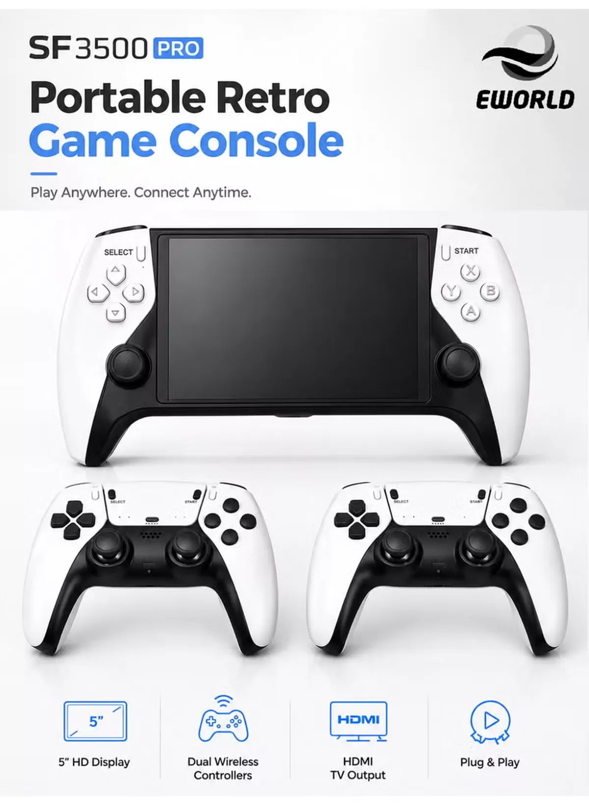 Eworld SF3500 PRO Portable Retro Game Console with 5-Inch IPS HD Display, Dual Wireless Controllers, HDMI TV Output, 64GB Game Card, Thousands of Built-in Retro Games, Rechargeable Handheld Gaming Console, Plug & Play for Kids & Adults