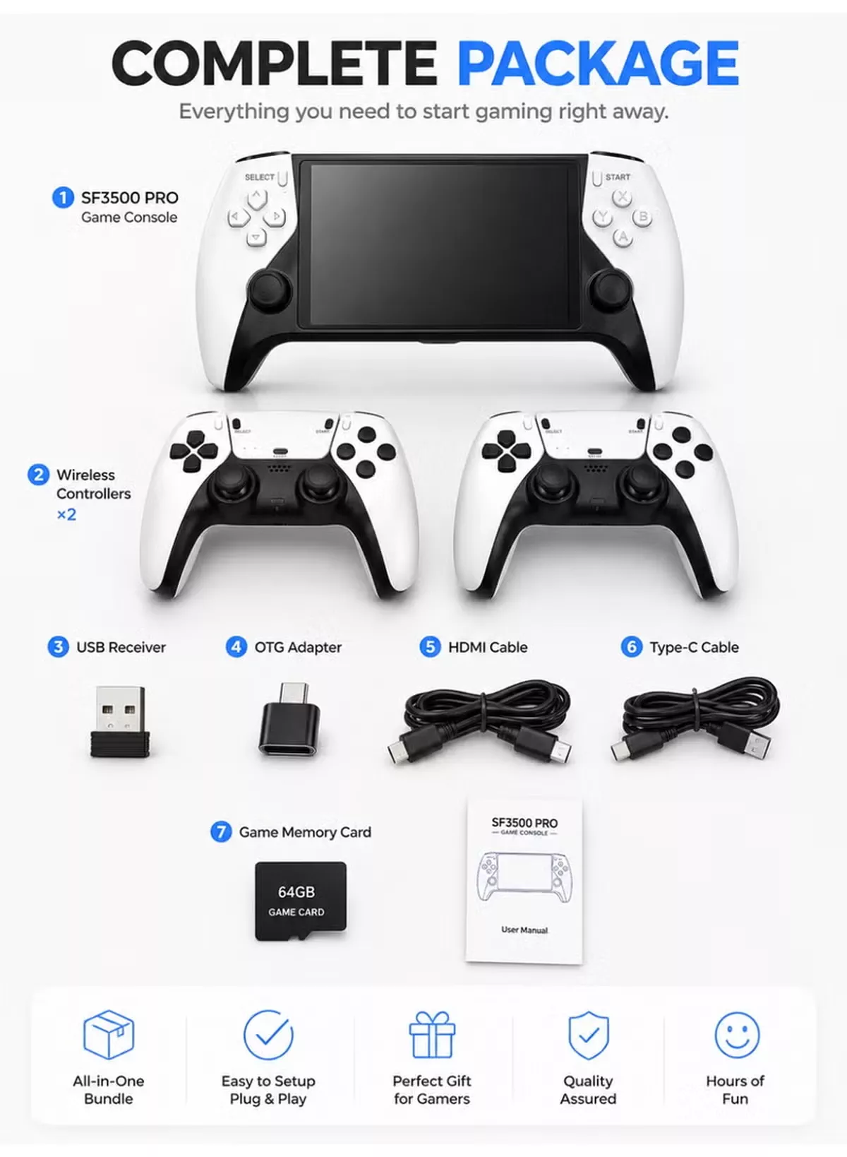 Eworld SF3500 PRO Portable Retro Game Console with 5-Inch IPS HD Display, Dual Wireless Controllers, HDMI TV Output, 64GB Game Card, Thousands of Built-in Retro Games, Rechargeable Handheld Gaming Console, Plug & Play for Kids & Adults-1-1