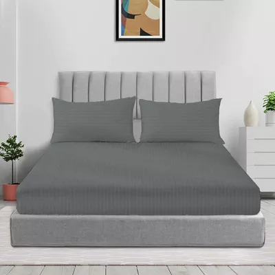 3pcs Fitted Bedsheet Set, 200x200cm, Deep Pocket (15–35cm), Striped Hotel Bed Sheet Set, Grey-0