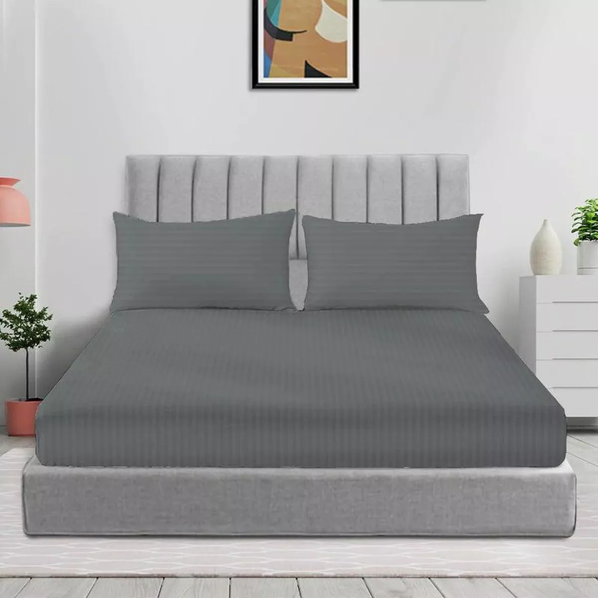 3pcs Fitted Bedsheet Set, 200x200cm, Deep Pocket (15–35cm), Striped Hotel Bed Sheet Set, Grey