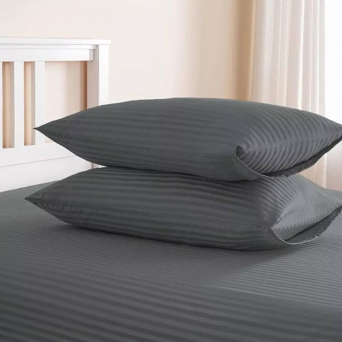 3pcs Fitted Bedsheet Set, 200x200cm, Deep Pocket (15–35cm), Striped Hotel Bed Sheet Set, Grey-1-1