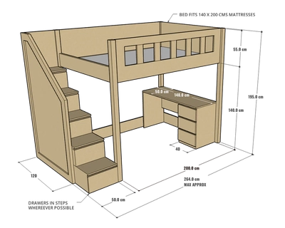 Allan Loft Bed with Study Desk, 140 x 200 cms-2