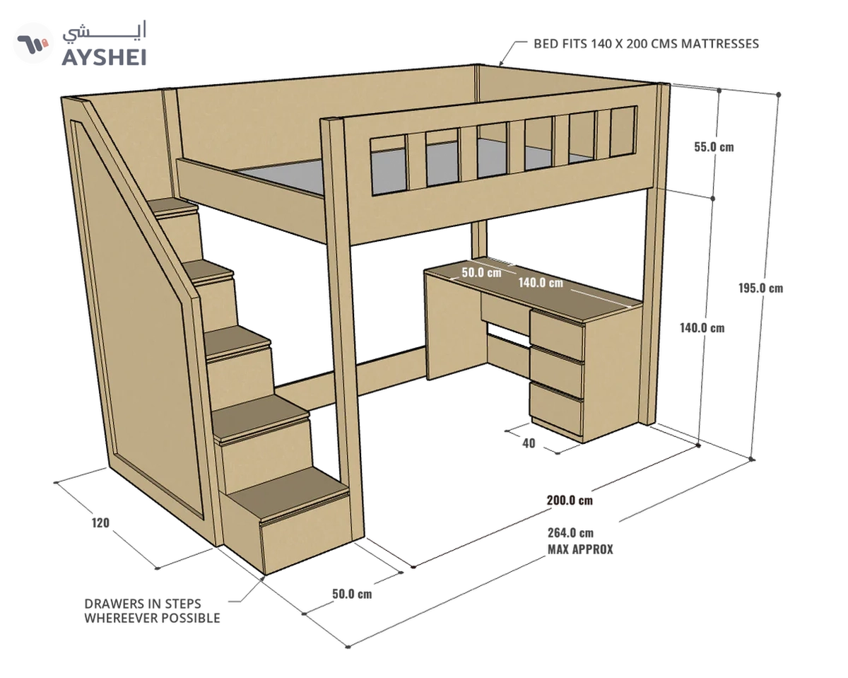 Allan Loft Bed with Study Desk, 140 x 200 cms-2-2