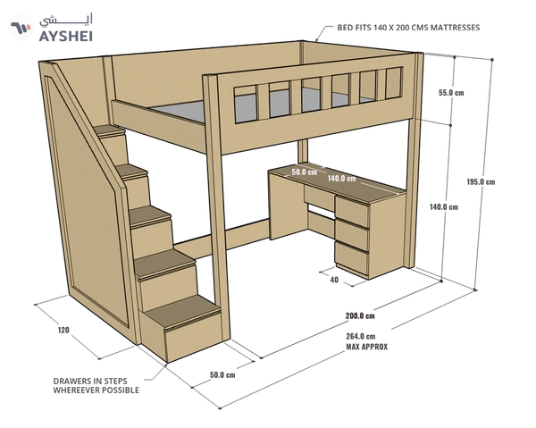 Allan Loft Bed with Study Desk, 140 x 200 cms