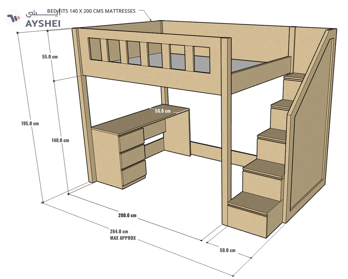 Allan Loft Bed with Study Desk, 140 x 200 cms-1-1