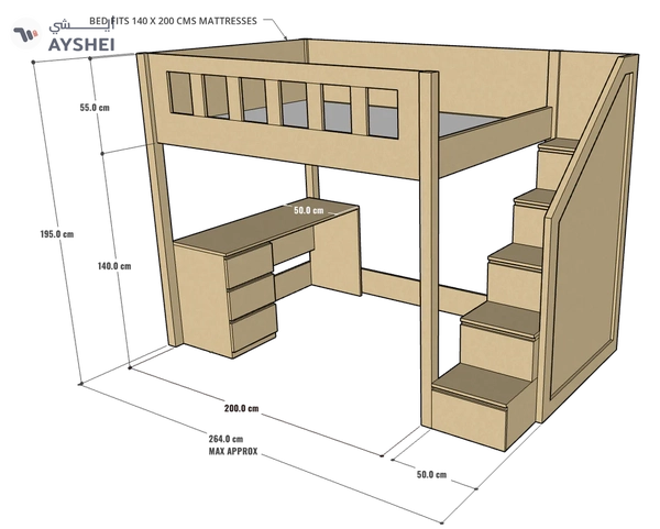 Allan Loft Bed with Study Desk, 140 x 200 cms