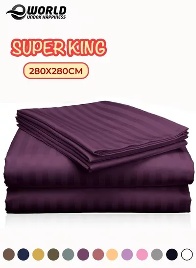 3 Piece Super King Purple Striped Bed Sheet Set – Ultra-Soft Microfiber Striped Sheet & 2 Pillowcases, Breathable Luxury Bedding for Home & Hotel Use-0