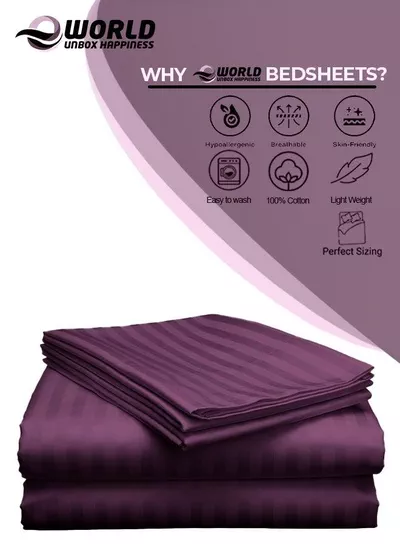 3 Piece Super King Purple Striped Bed Sheet Set – Ultra-Soft Microfiber Striped Sheet & 2 Pillowcases, Breathable Luxury Bedding for Home & Hotel Use-2