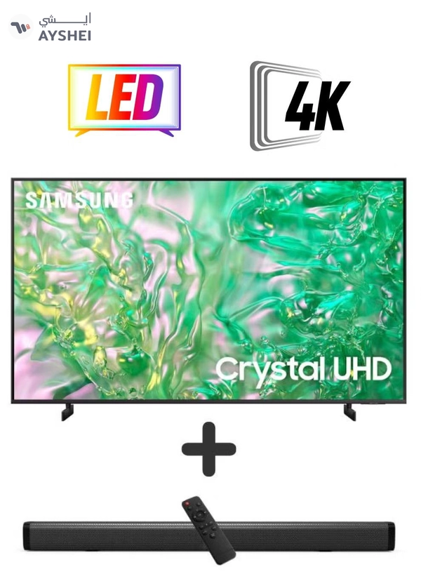 Samsung 50-Inch Crystal UHD DU8000 4K Smart Tv HDR 10+, Dynamic Crystal Color, AirSlim Design With 2.0 Channel Soundbar 30W, HDMI ARC, Bluetooth, USB, MP3, FM Station 50DU8000+SOUNDBAR Grey