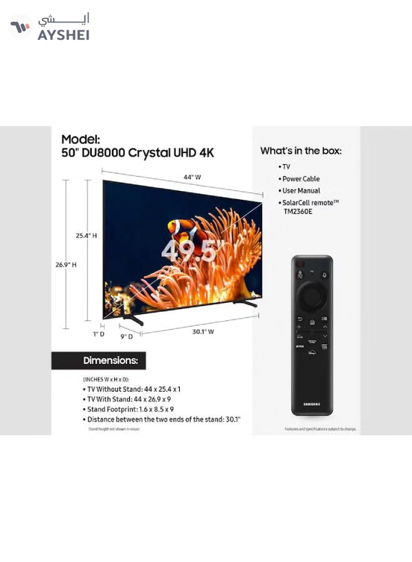 Samsung 50-Inch Crystal UHD DU8000 4K Smart Tv HDR 10+, Dynamic Crystal Color, AirSlim Design With 2.0 Channel Soundbar 30W, HDMI ARC, Bluetooth, USB, MP3, FM Station 50DU8000+SOUNDBAR Grey