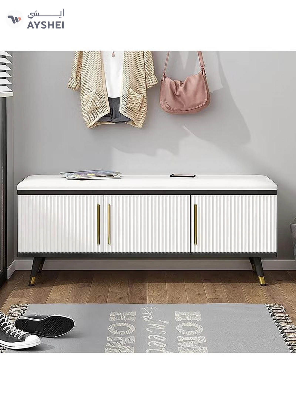 DubaiGallery Luxurious Modern Adjustable Shelves,Leather Comfort Shoe Rack Bench Shoe Storage Organizer with Seat, Modern Slim Hidden Shoe Cabinet with Doors Entryways Hallways-3-3