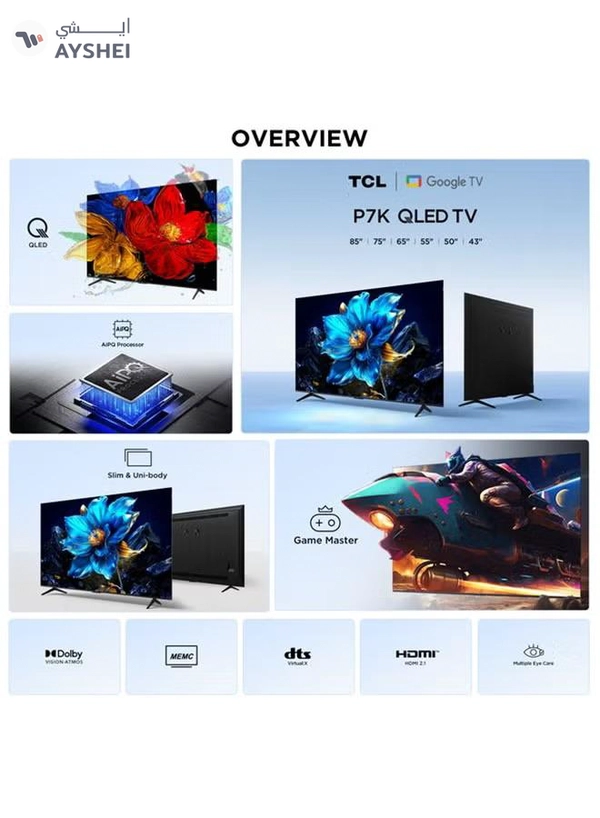 TCL 85 Inch QLED, 60Hz, Google TV, Dolby Atmos, Game master, AiPQ processor, Model Year 2025, 2 Year Warranty - 85P7k black
