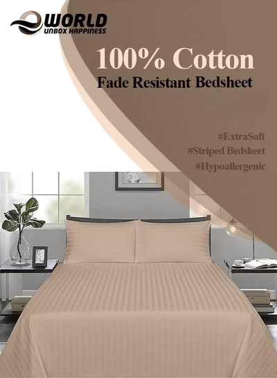 Eworld 3 Piece Luxury Cream Striped Bed Sheet Set with 1 Flat Sheet and 2 Pillowcases-1