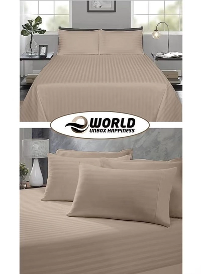 Eworld 3 Piece Luxury Cream Striped Bed Sheet Set with 1 Flat Sheet and 2 Pillowcases-3