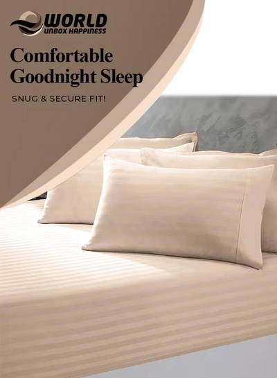 Eworld 3 Piece Luxury Cream Striped Bed Sheet Set with 1 Flat Sheet and 2 Pillowcases-4