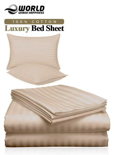 Eworld 3 Piece Luxury Cream Striped Bed Sheet Set with 1 Flat Sheet and 2 Pillowcases-0