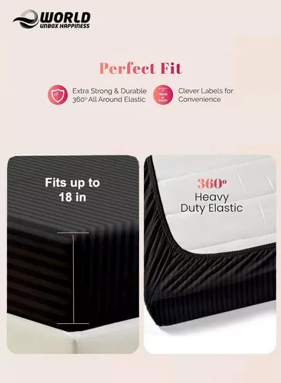 Black Striped Microfiber Fitted Bedsheet with Deep Pocket for a Snug Fit, Breathable, Machine Washable for Optimal Protection, Available in King, Queen and Single Sizes, Without Pillow Cover-1