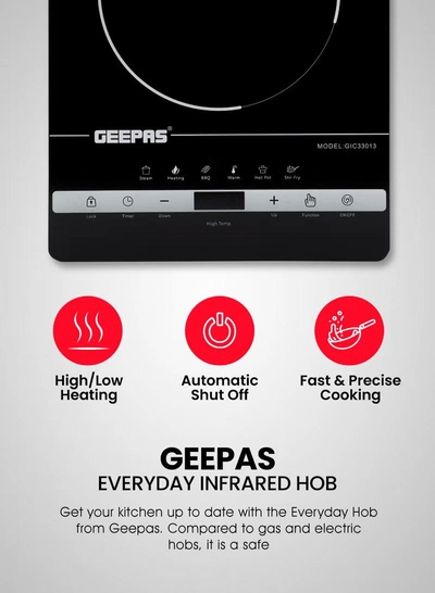 GEEPAS Digital Infrared Cooker- GIC33013/ Single Cooking Hob with Ceramic Heating Element, 2200W Power, 4-Digit LED Display & Touch Control/ 10 Adjustable Power & Temperature Levels, 3hr Timer, Multi-Function Cooking (Hot Pot, Soup, Fry, BBQ, etc.), Energy Saving 2200 W GIC33013 Black-5