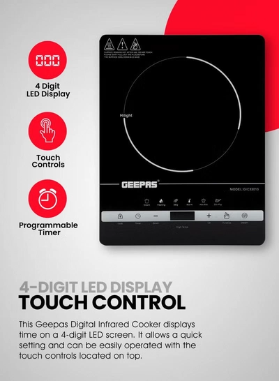 GEEPAS Digital Infrared Cooker- GIC33013/ Single Cooking Hob with Ceramic Heating Element, 2200W Power, 4-Digit LED Display & Touch Control/ 10 Adjustable Power & Temperature Levels, 3hr Timer, Multi-Function Cooking (Hot Pot, Soup, Fry, BBQ, etc.), Energy Saving 2200 W GIC33013 Black-6
