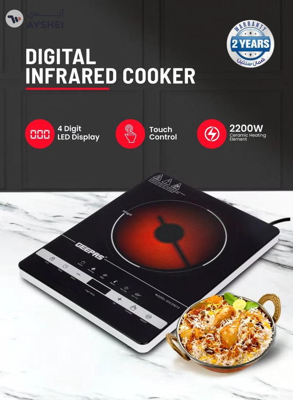 GEEPAS Digital Infrared Cooker- GIC33013/ Single Cooking Hob with Ceramic Heating Element, 2200W Power, 4-Digit LED Display & Touch Control/ 10 Adjustable Power & Temperature Levels, 3hr Timer, Multi-Function Cooking (Hot Pot, Soup, Fry, BBQ, etc.), Energy Saving 2200 W GIC33013 Black