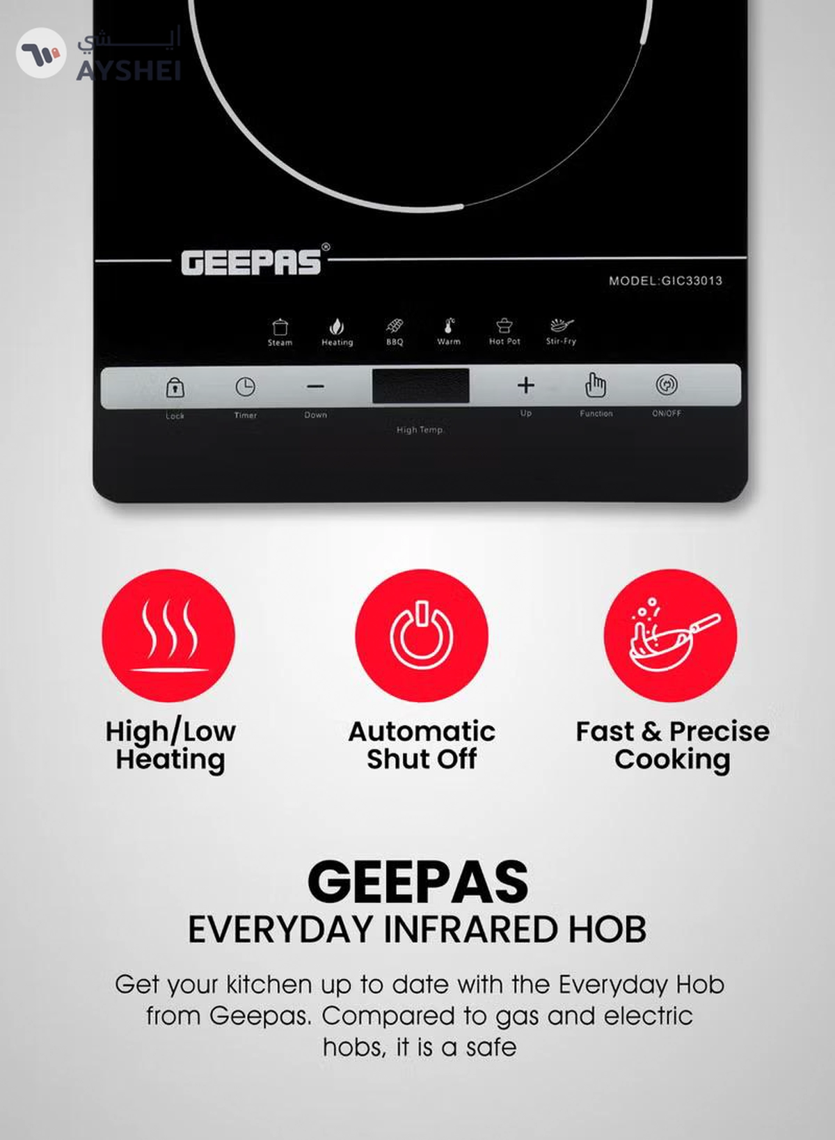 GEEPAS Digital Infrared Cooker- GIC33013/ Single Cooking Hob with Ceramic Heating Element, 2200W Power, 4-Digit LED Display & Touch Control/ 10 Adjustable Power & Temperature Levels, 3hr Timer, Multi-Function Cooking (Hot Pot, Soup, Fry, BBQ, etc.), Energy Saving 2200 W GIC33013 Black-5-5