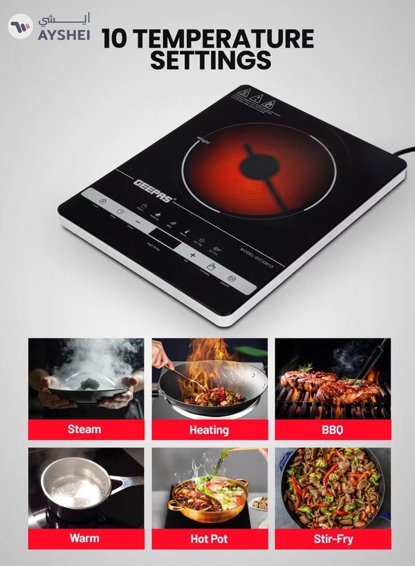 GEEPAS Digital Infrared Cooker- GIC33013/ Single Cooking Hob with Ceramic Heating Element, 2200W Power, 4-Digit LED Display & Touch Control/ 10 Adjustable Power & Temperature Levels, 3hr Timer, Multi-Function Cooking (Hot Pot, Soup, Fry, BBQ, etc.), Energy Saving 2200 W GIC33013 Black
