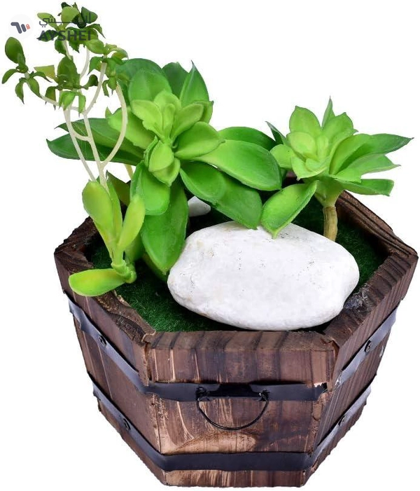 YATAI Artificial Succulent Wooden Potted Plant Mini Artificial Plants with Stone and Grass in Pots, Green Faux Potted Plants for Office Window Table Bathroom Greenery Room Home Decor