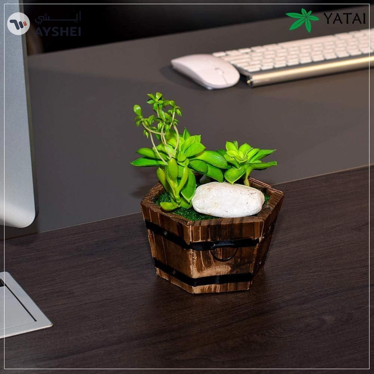 YATAI Artificial Succulent Wooden Potted Plant Mini Artificial Plants with Stone and Grass in Pots, Green Faux Potted Plants for Office Window Table Bathroom Greenery Room Home Decor-1-1