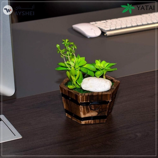 YATAI Artificial Succulent Wooden Potted Plant Mini Artificial Plants with Stone and Grass in Pots, Green Faux Potted Plants for Office Window Table Bathroom Greenery Room Home Decor