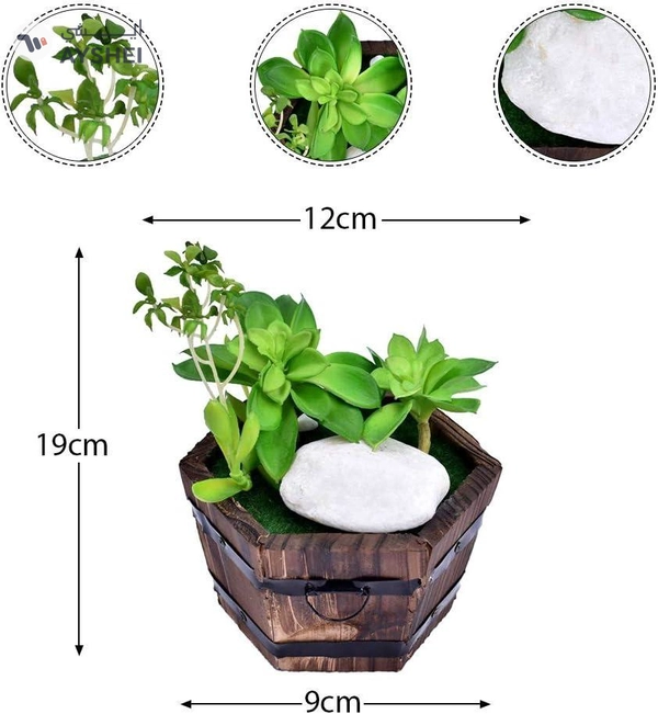 YATAI Artificial Succulent Wooden Potted Plant Mini Artificial Plants with Stone and Grass in Pots, Green Faux Potted Plants for Office Window Table Bathroom Greenery Room Home Decor