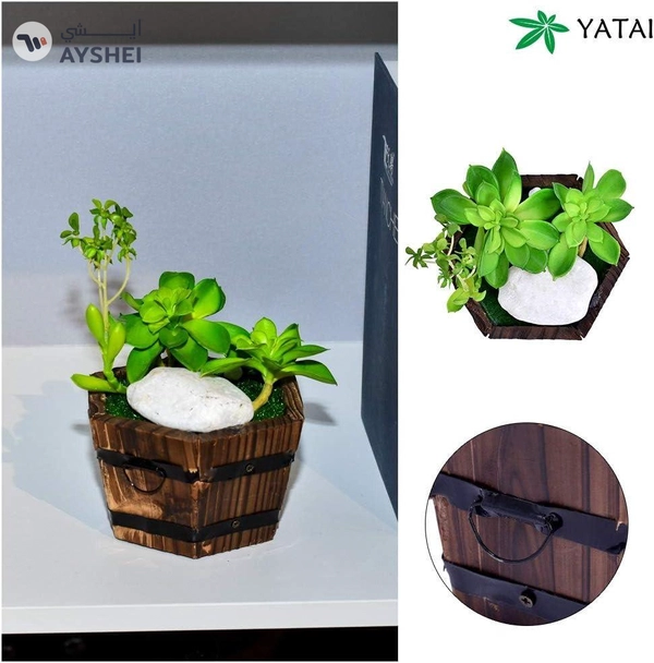 YATAI Artificial Succulent Wooden Potted Plant Mini Artificial Plants with Stone and Grass in Pots, Green Faux Potted Plants for Office Window Table Bathroom Greenery Room Home Decor