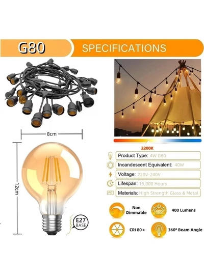 Yuwell Outdoor Waterproof IP65 Led String Lights E27 Holder 15 Meter Bulb Holder Wire With 30 Bulbs 4W G80 Amber With EU Plug Solar Bulb Holder For Ramadan Decoration Lights And Outdoor Decoration Light Hanging Light 6000mAh & USB-C, String Lights With Remote Control And 8 Modes Ramadan Light With Cable Ties-4