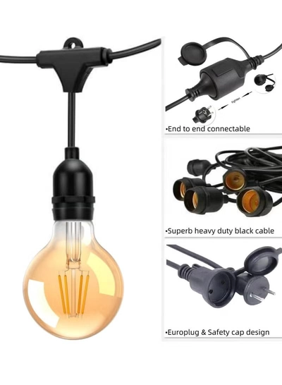 Yuwell Outdoor Waterproof IP65 Led String Lights E27 Holder 15 Meter Bulb Holder Wire With 30 Bulbs 4W G80 Amber With EU Plug Solar Bulb Holder For Ramadan Decoration Lights And Outdoor Decoration Light Hanging Light 6000mAh & USB-C, String Lights With Remote Control And 8 Modes Ramadan Light With Cable Ties-1