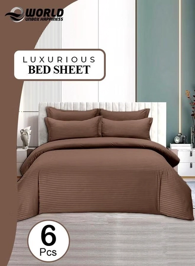 Eworld 6 Piece Premium King Size Bedding Set, Dark Brown Striped Design-0