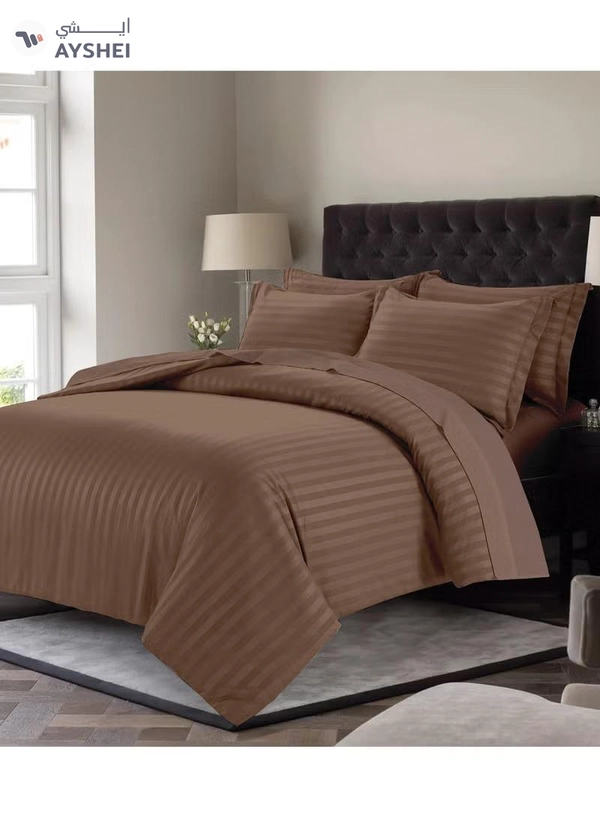Eworld 6 Piece Premium King Size Bedding Set, Dark Brown Striped Design