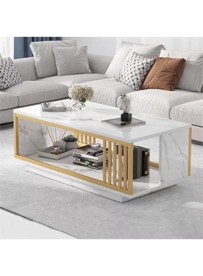 DubaiGallery Stylish Coffee Table with Bottom Storage Shelf, Minimal White Design and Wooden Frame, Contemporary Center Table Perfect for Living Room, Home, Apartment, and Office Use-1