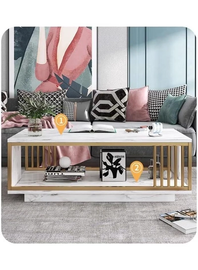 DubaiGallery Stylish Coffee Table with Bottom Storage Shelf, Minimal White Design and Wooden Frame, Contemporary Center Table Perfect for Living Room, Home, Apartment, and Office Use-2