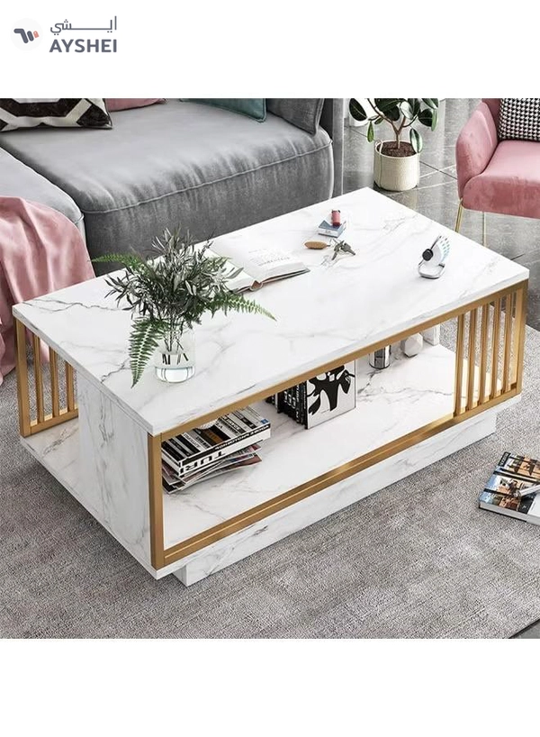 DubaiGallery Stylish Coffee Table with Bottom Storage Shelf, Minimal White Design and Wooden Frame, Contemporary Center Table Perfect for Living Room, Home, Apartment, and Office Use