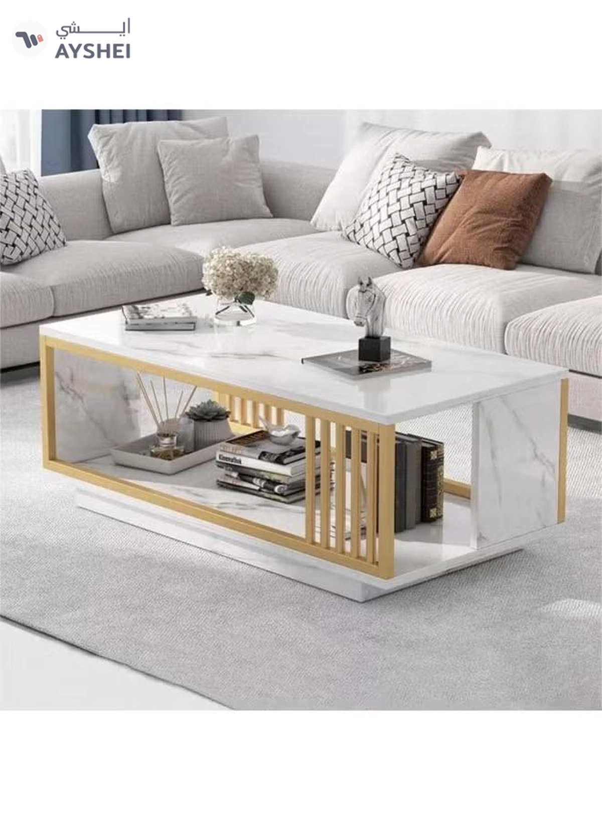 DubaiGallery Stylish Coffee Table with Bottom Storage Shelf, Minimal White Design and Wooden Frame, Contemporary Center Table Perfect for Living Room, Home, Apartment, and Office Use-1-1