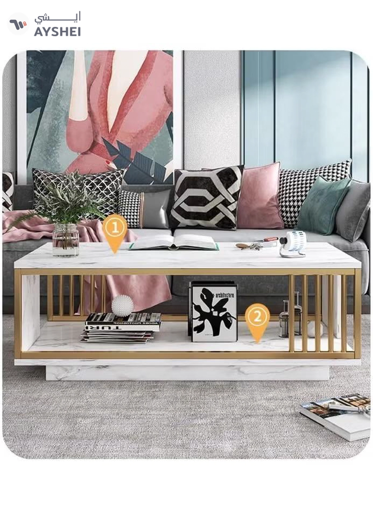 DubaiGallery Stylish Coffee Table with Bottom Storage Shelf, Minimal White Design and Wooden Frame, Contemporary Center Table Perfect for Living Room, Home, Apartment, and Office Use-2-2
