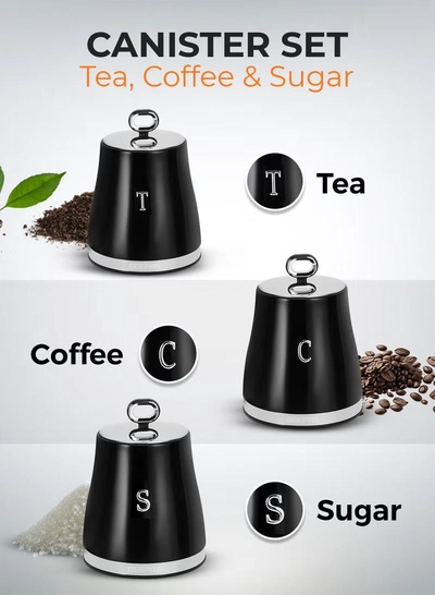 GEEPAS 3 Piece Canister Set- GCS63082UK-BK/ Retrovive Collection, 1.4 liters, Carbon Steel Built, Stainless Steel Lid with Silicone Seal/ Perfect for Tea, Coffee, Sugar, etc.-3