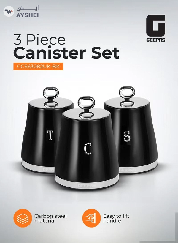 GEEPAS 3 Piece Canister Set- GCS63082UK-BK/ Retrovive Collection, 1.4 liters, Carbon Steel Built, Stainless Steel Lid with Silicone Seal/ Perfect for Tea, Coffee, Sugar, etc.