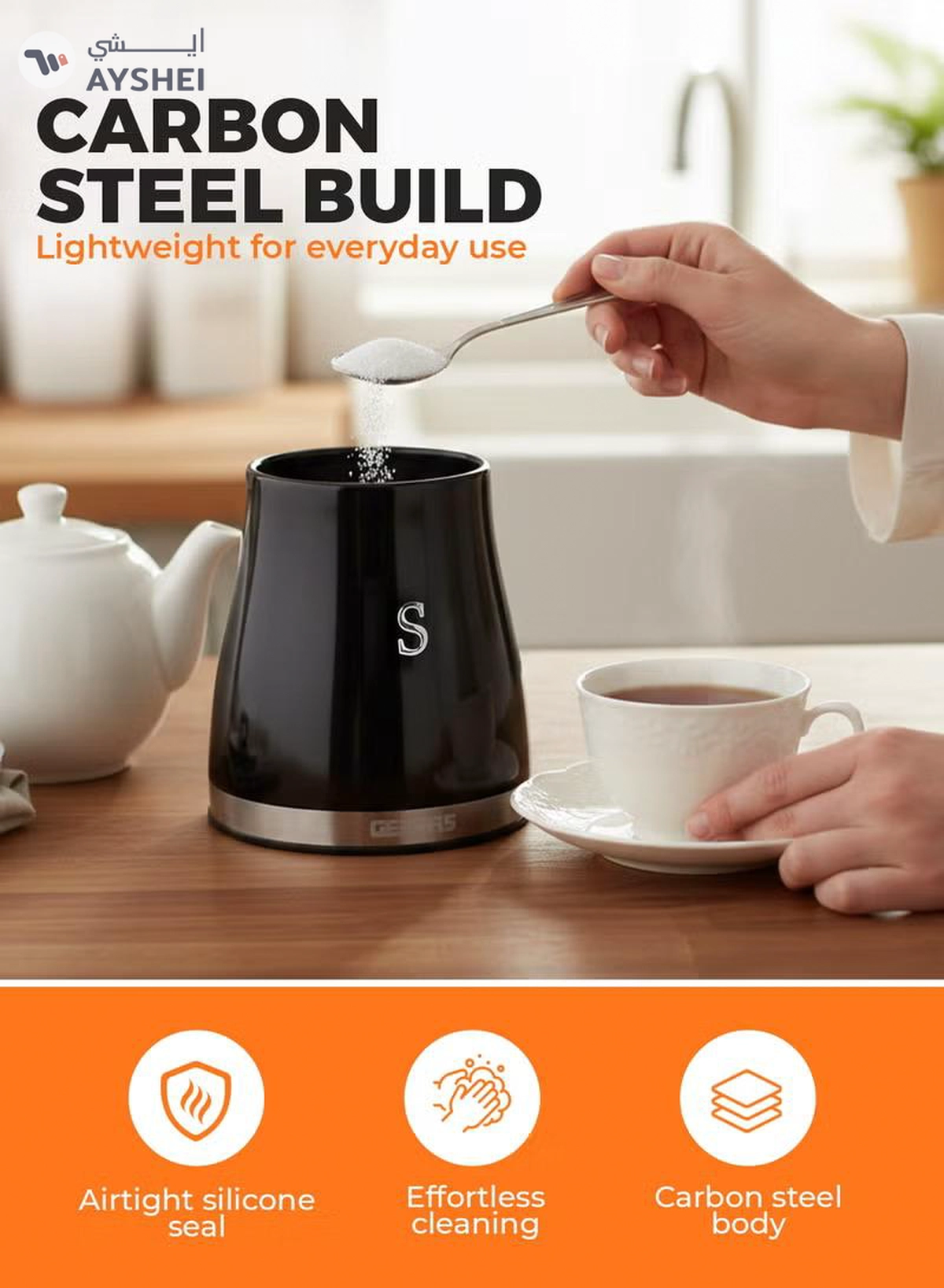 GEEPAS 3 Piece Canister Set- GCS63082UK-BK/ Retrovive Collection, 1.4 liters, Carbon Steel Built, Stainless Steel Lid with Silicone Seal/ Perfect for Tea, Coffee, Sugar, etc.-4-4