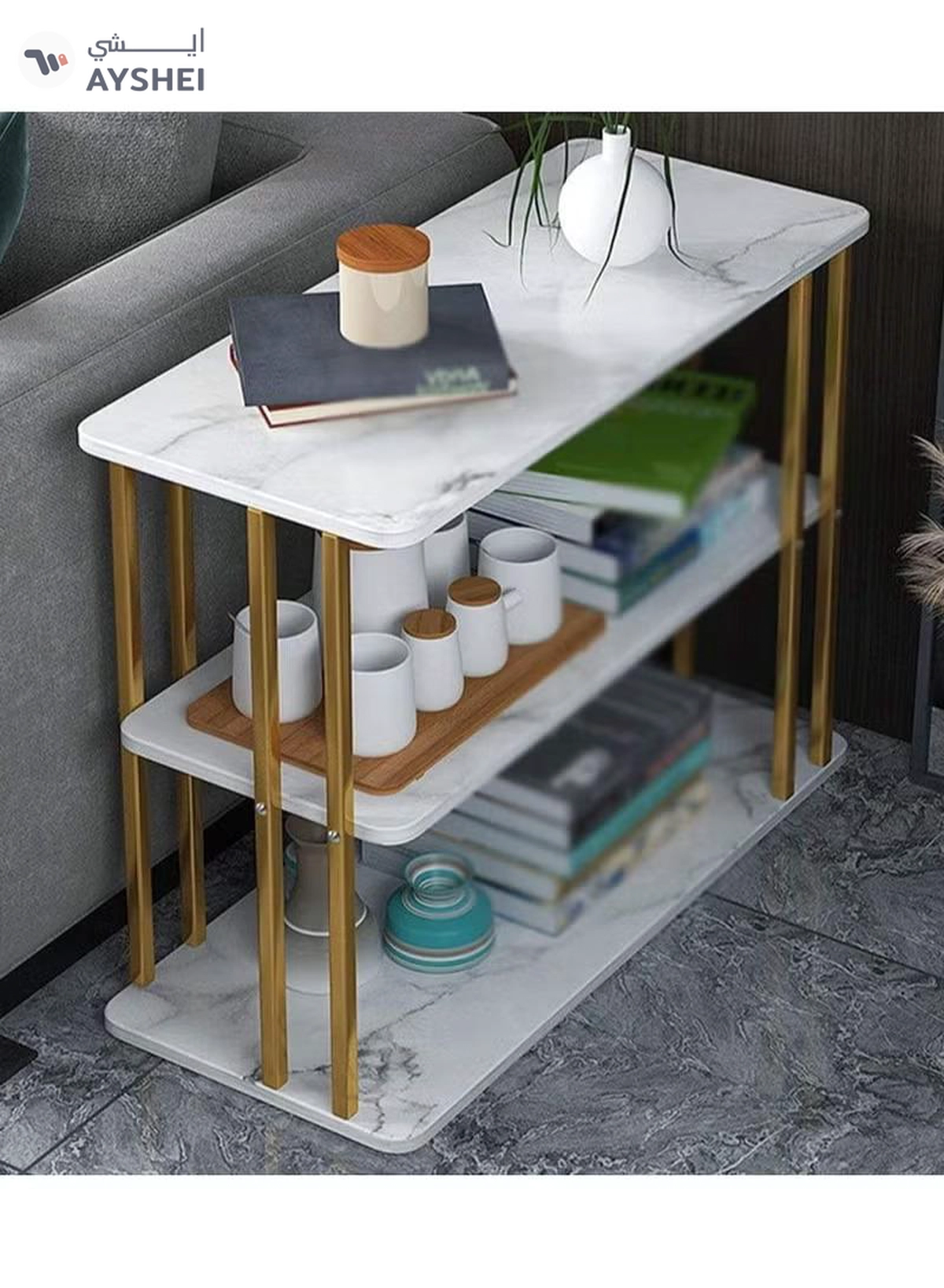 DubaiGallery Three Layer Sofa Side Table,Modern Nordic Style Coffee Table with Marble Table-1-1