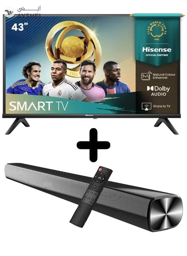 Hisense Bundle Of 43-inch VIDAA Smart Full HD TV (DTS Virtual-X, Game & Sports Mode, Bezel-Less Design) With Soundbar (Bluetooth, FM Radio, 2.0 Channel Audio) 43A4Q+SOUNDBAR Black