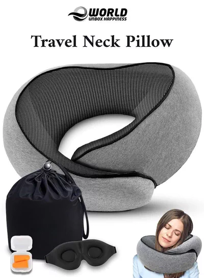 Memory Foam Travel Neck Pillow with Eye Mask & Ear Plugs – Ergonomic Cushion for Airplane, Car & Train Journeys, Grey-0
