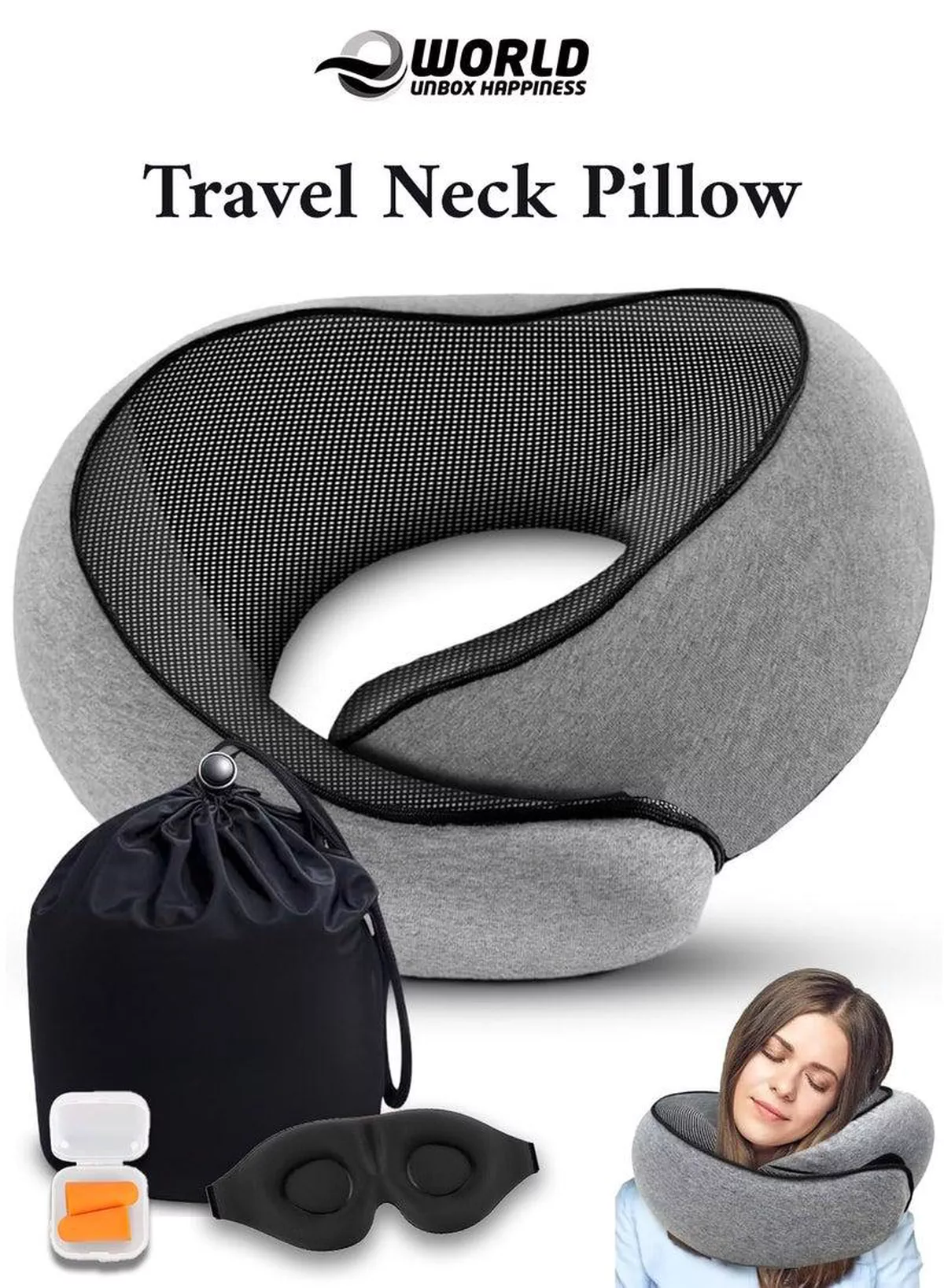 Memory Foam Travel Neck Pillow with Eye Mask & Ear Plugs – Ergonomic Cushion for Airplane, Car & Train Journeys, Grey