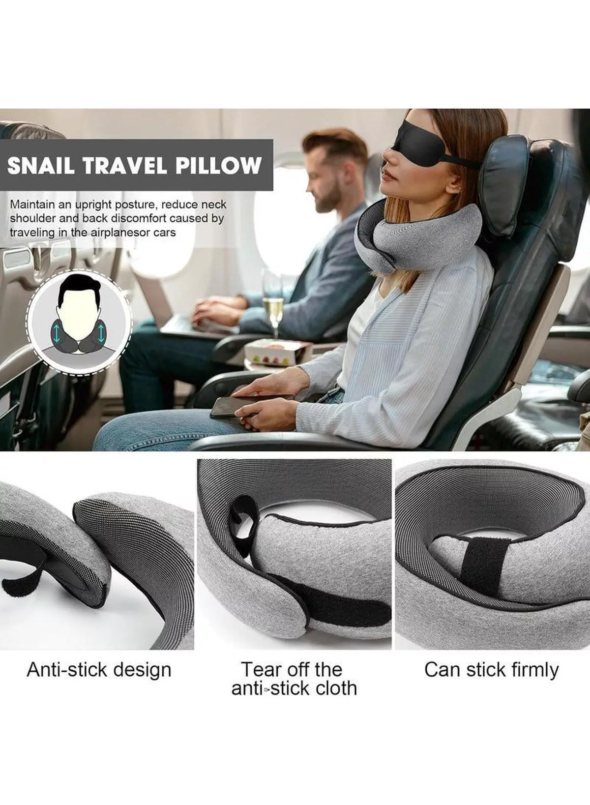 Memory Foam Travel Neck Pillow with Eye Mask & Ear Plugs – Ergonomic Cushion for Airplane, Car & Train Journeys, Grey-5-5
